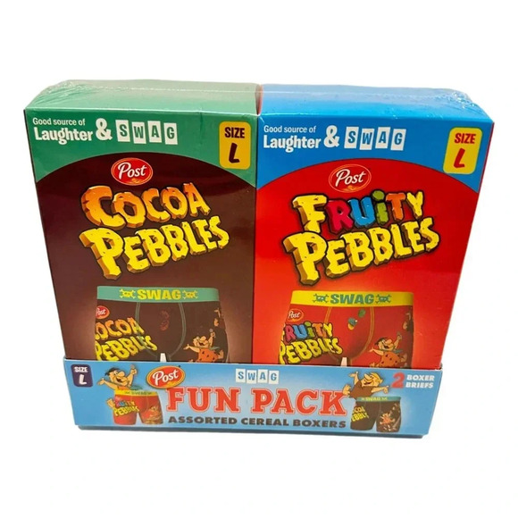 Post Cereal SWAG Mens  Boxers L Cocoa Pebbles Fruity Pebbles 2 Pairs New in Box - Picture 1 of 8